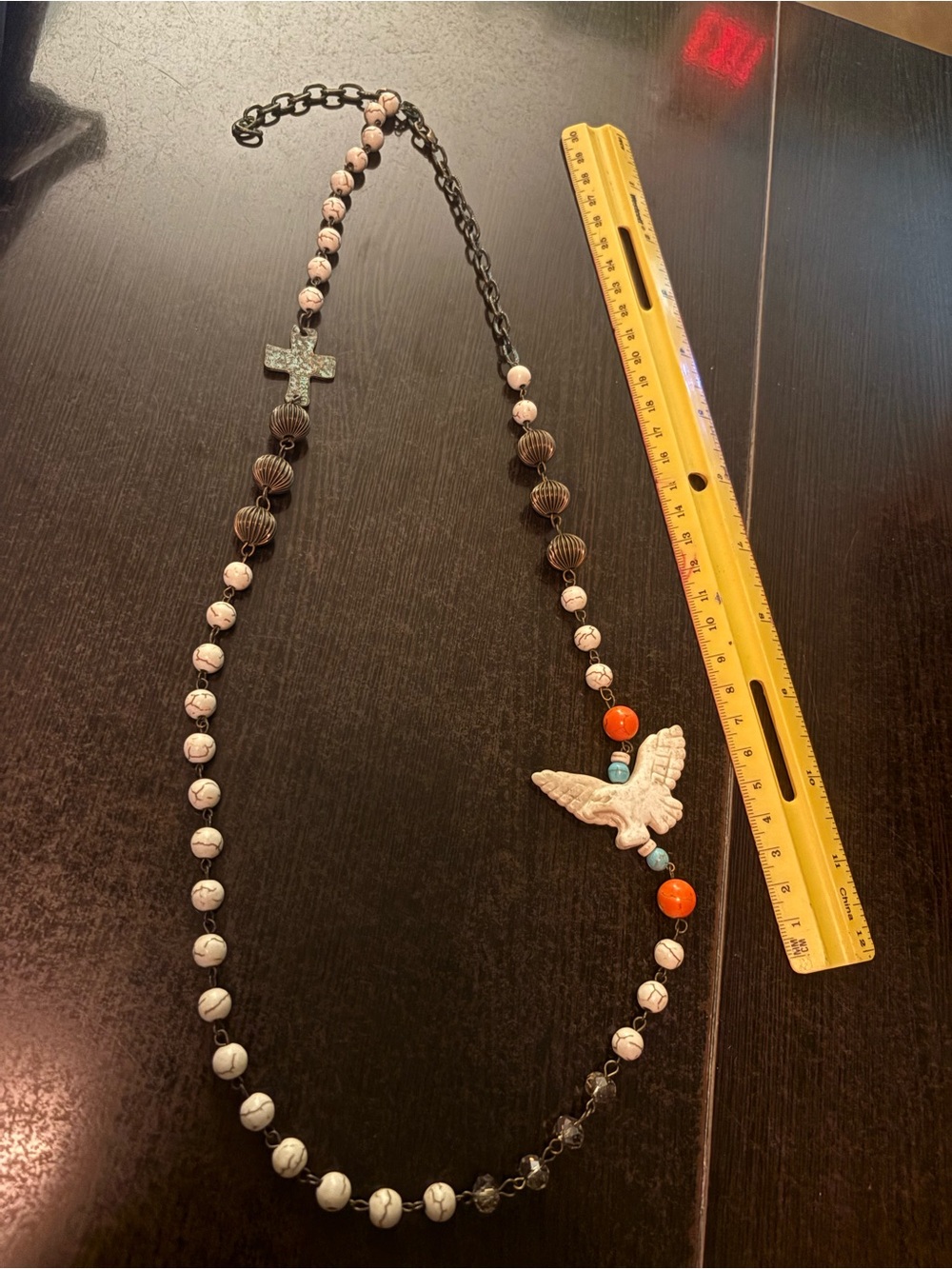 Handmade Beaded Necklace with White Howlite Beads & carved Bird Pendant